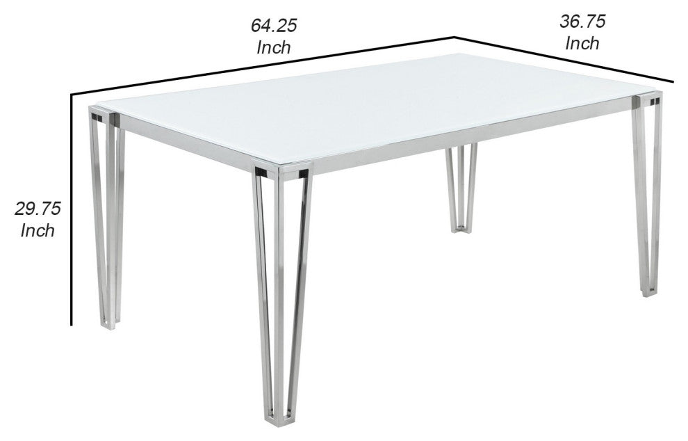 Benzara BM242102 Dining Table With Glass Top and Metal Legs, White and Chrome