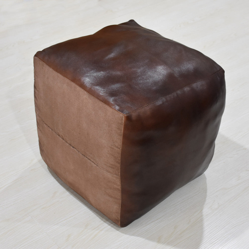 Poufs-Solid Goat Leather Pouf, Handmade (Recycled Cotton Fill), (Square]14x14x14
