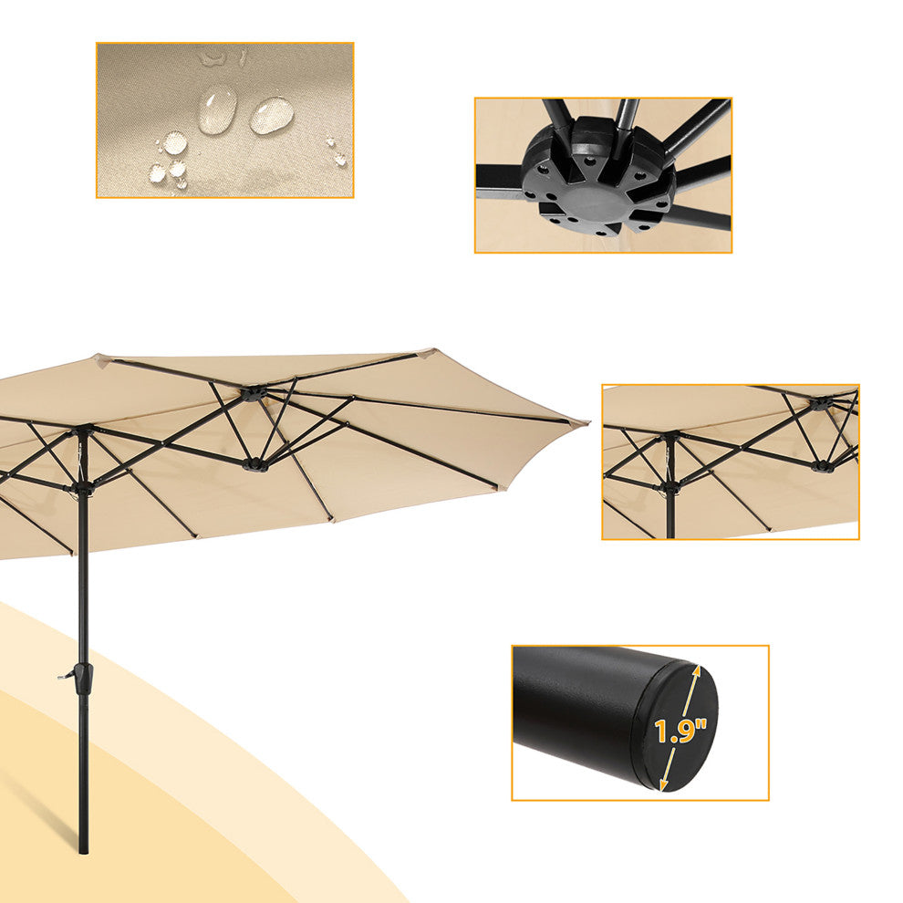 15'x9' Steel Double-Sided Rectangular Outdoor Market Patio Umbrella, Beige