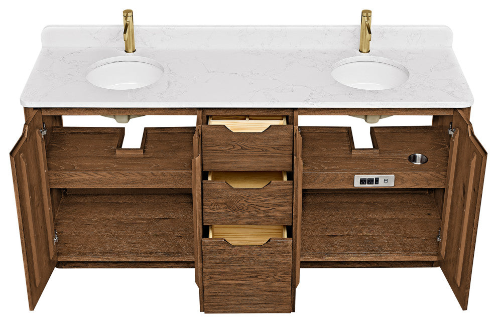 Abuja Bathroom Vanity, Stone Top, No Mirror, Oak Weathered Brown, 72", Double Vanity