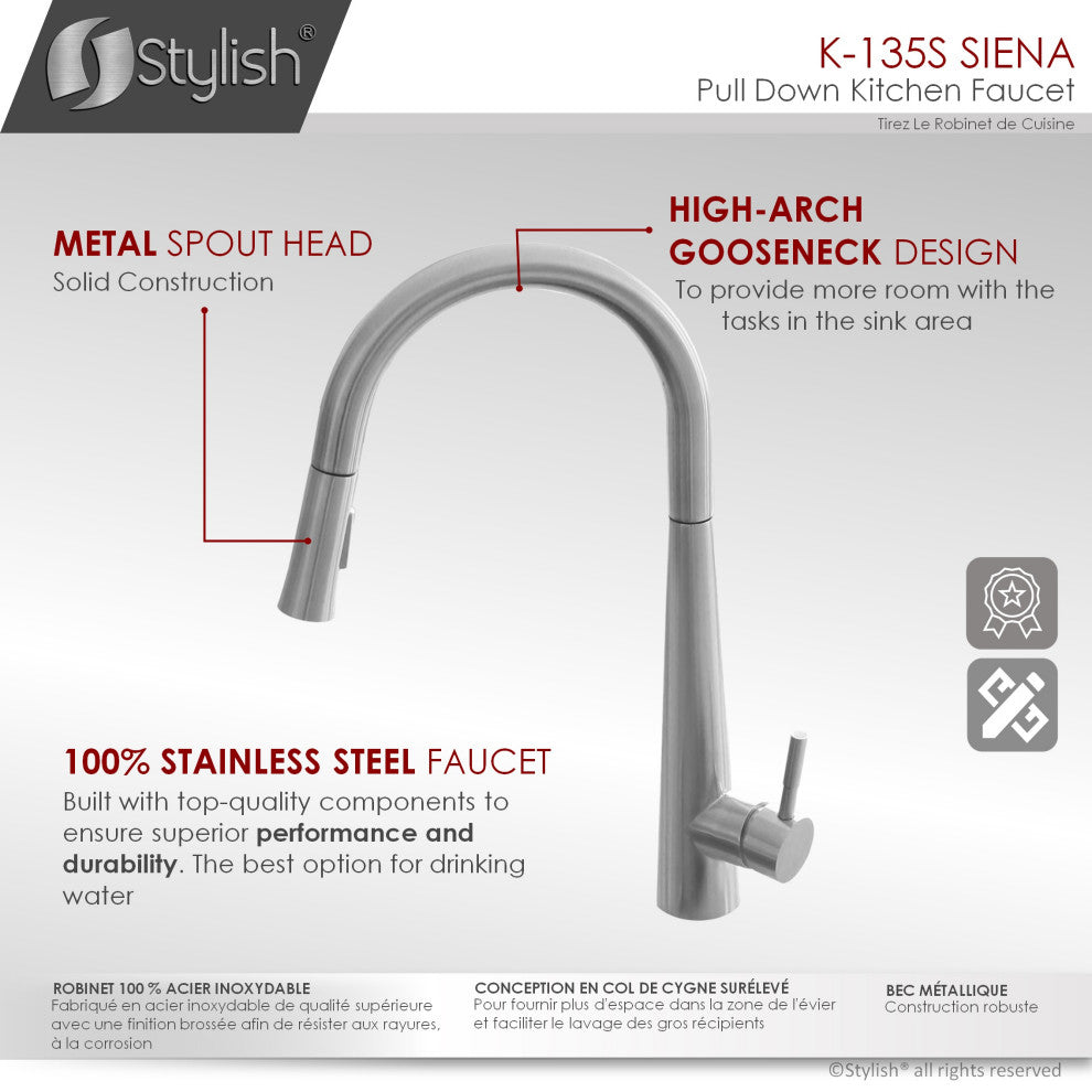 STYLISH Kitchen Sink Faucet Single Handle Pull Down Dual Mode Stainless Steel