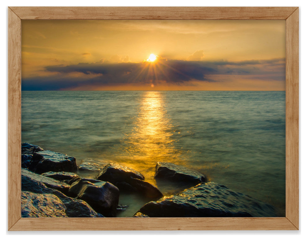 Sun Ray on the Water Coastal Landscape Framed Photo Paper Wall Art Print, Red Oak, 12" X 16"