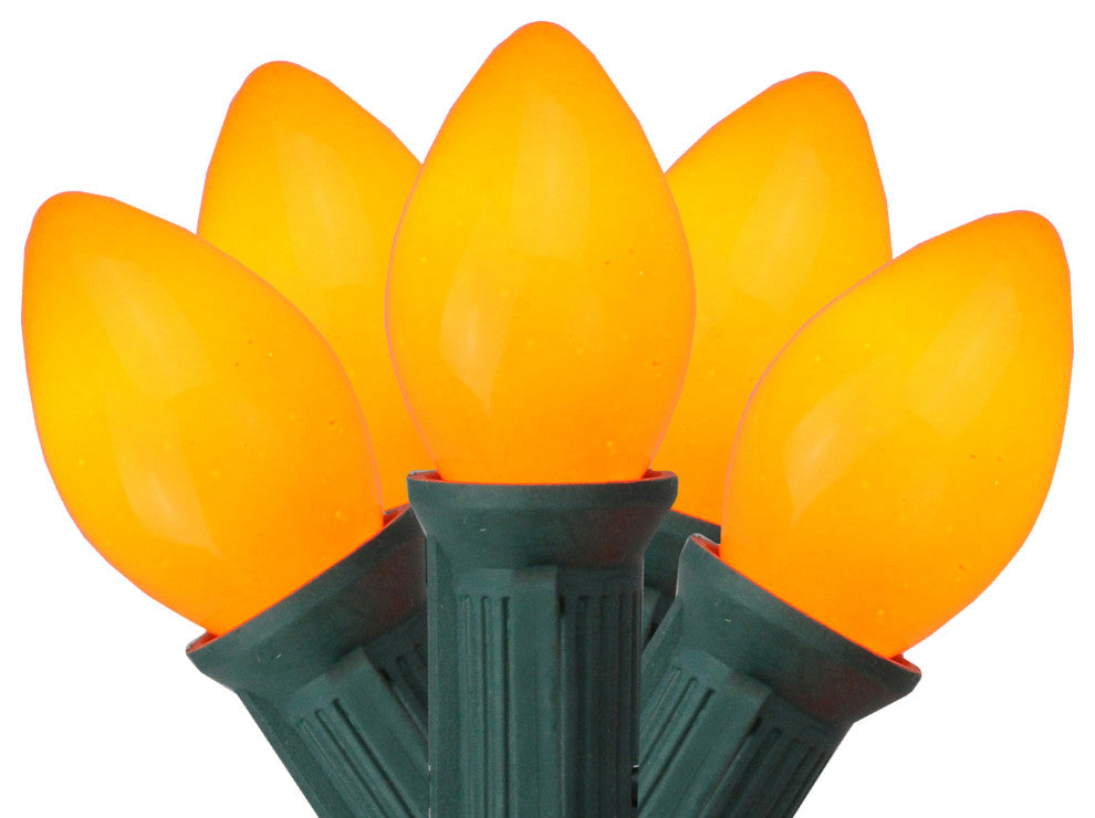 Set of 25 Opaque Orange C7 Christmas Lights Green Wire