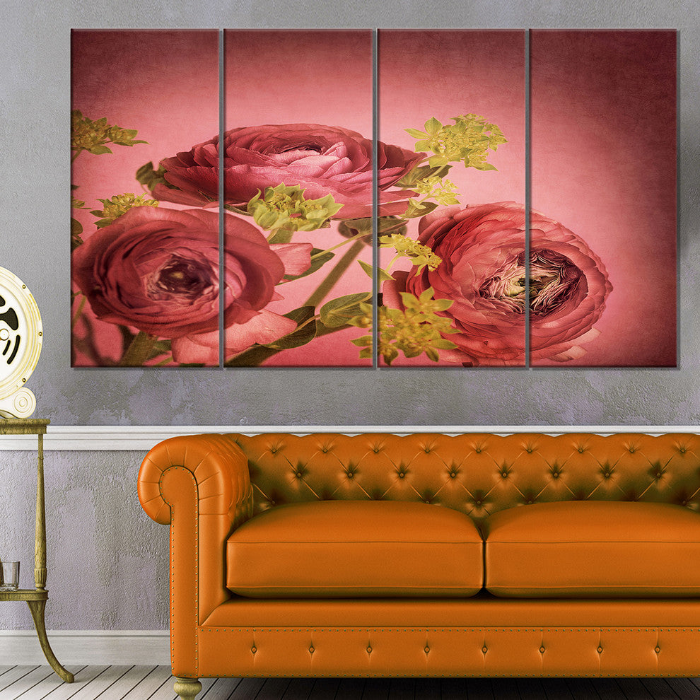 Ranunculus Flowers Stem on Pink, Floral Canvas Art Print, 48"x28", 4 Panels