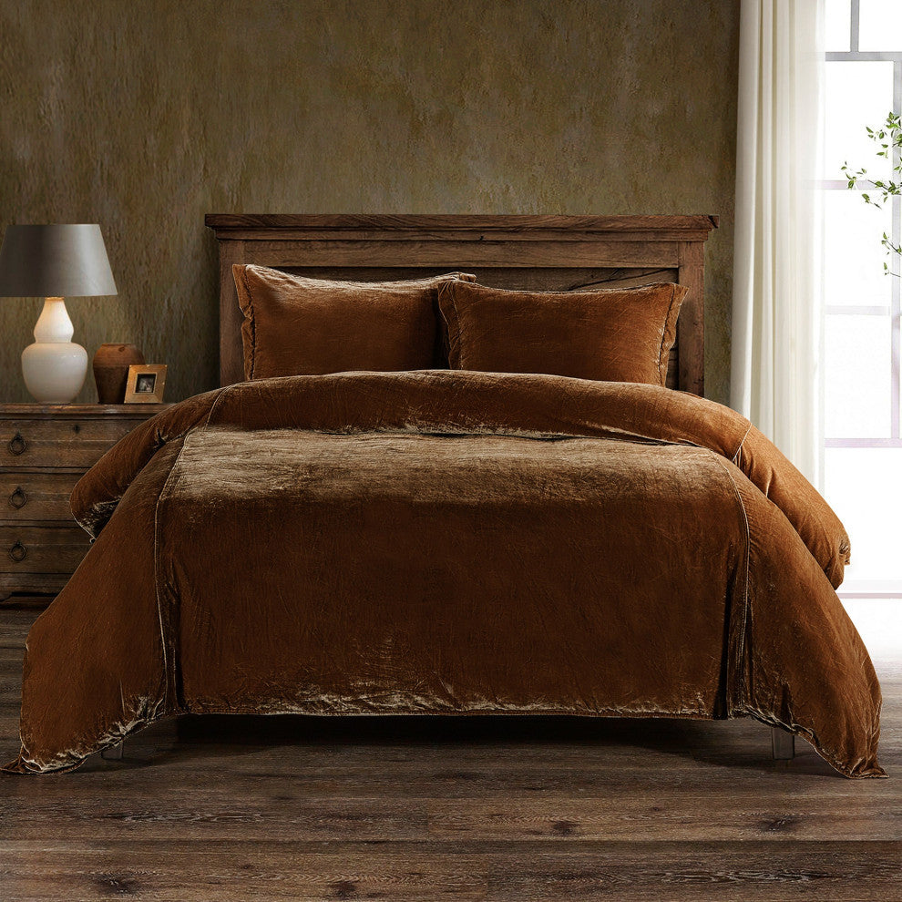 Stella Faux Silk Velvet Duvet Cover Set, 3PC, Copper Brown, Queen
