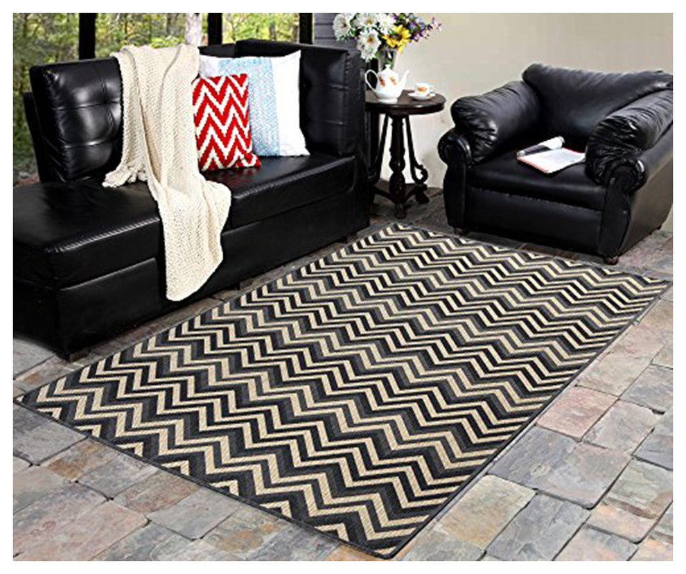 Geometric Zigzag Ocean Blue Indoor & Outdoor Area Rug 1112, Charcoal, 4'5"x7'