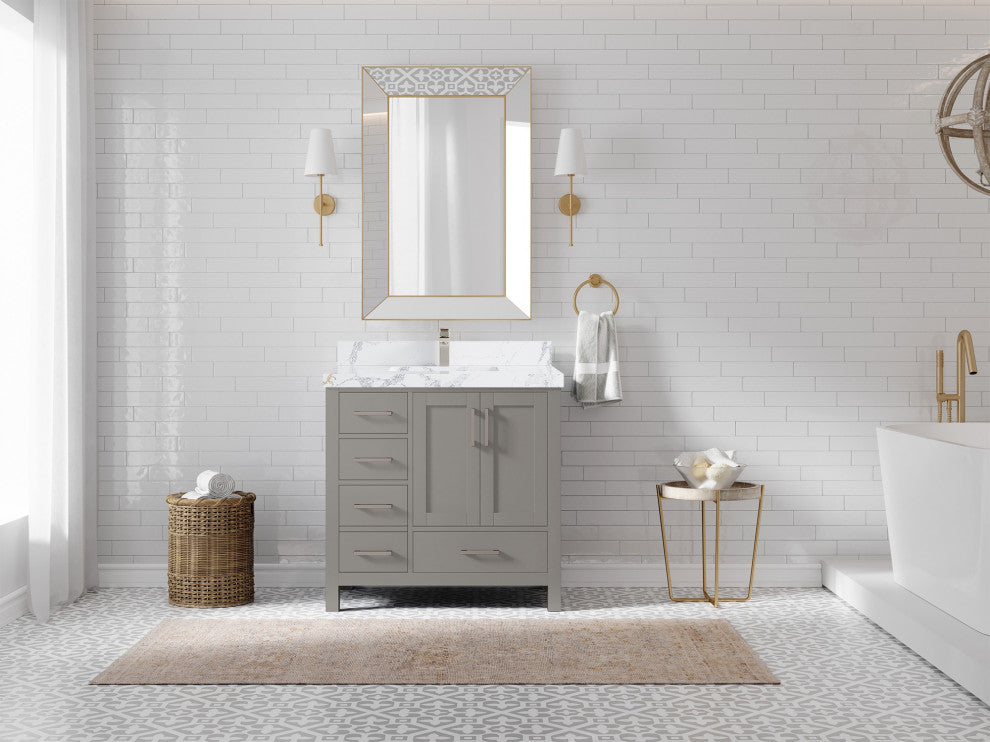 Malibu 36 Center Sink Bath Vanity in Elephant Skin Gray 2" Calacatta Poanazzo