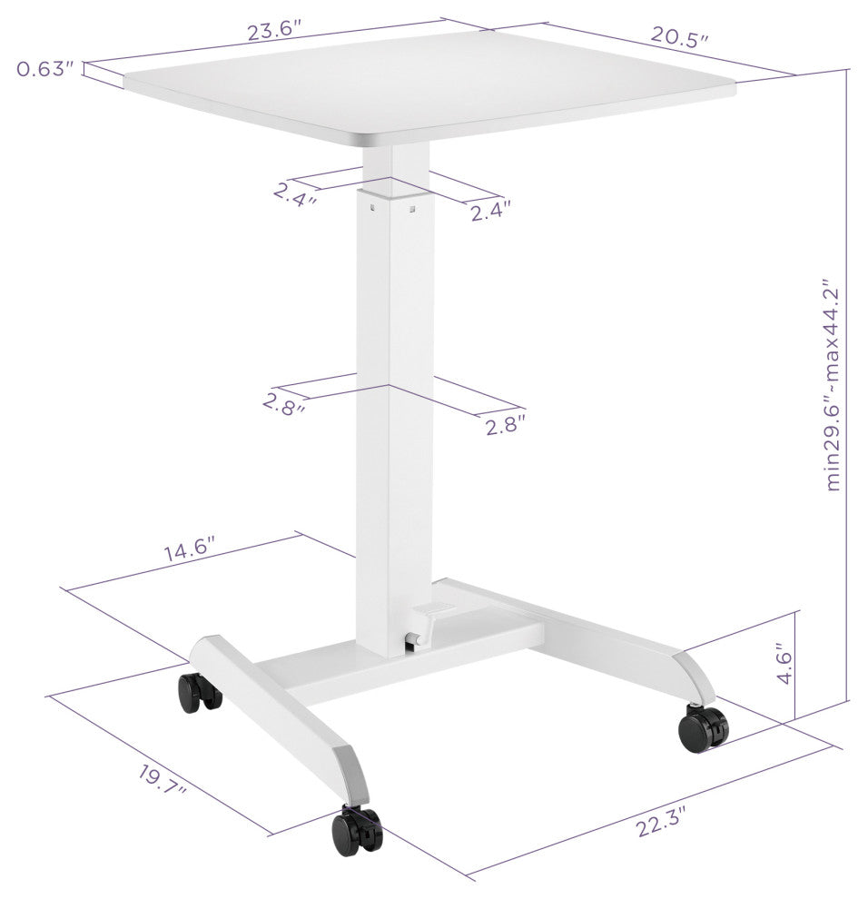 Mobile Pedal Controlled Height Adjustable Sit Stand Desk, Compact Size, White