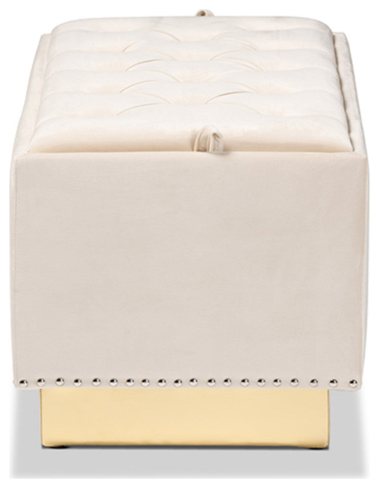 Glam Luxe Beige Velvet Fabric Upholstered and Gold PU Leather Storage Ottoman