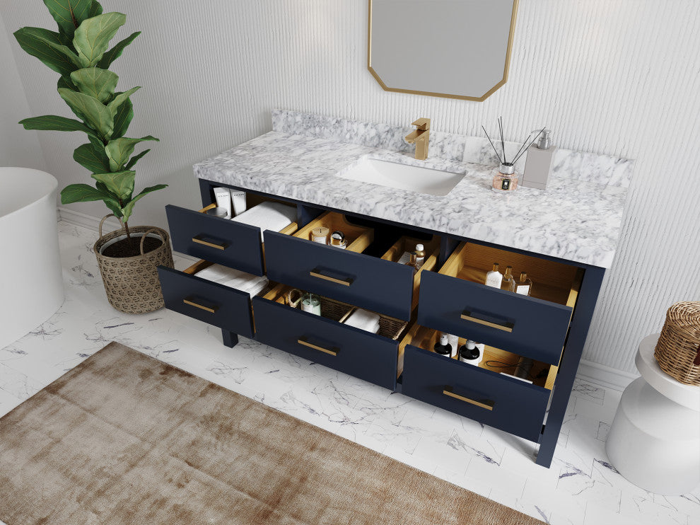 Parker 60 Double Sink Bathroom Vanity in Navy Blue  2" Carrara Quartz