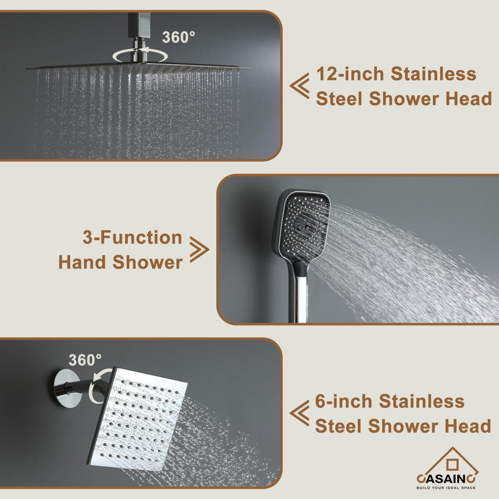 CASAINC 12" Ceiling Mounted Rainfall Shower System Set w Dual Shower Head, Chrome