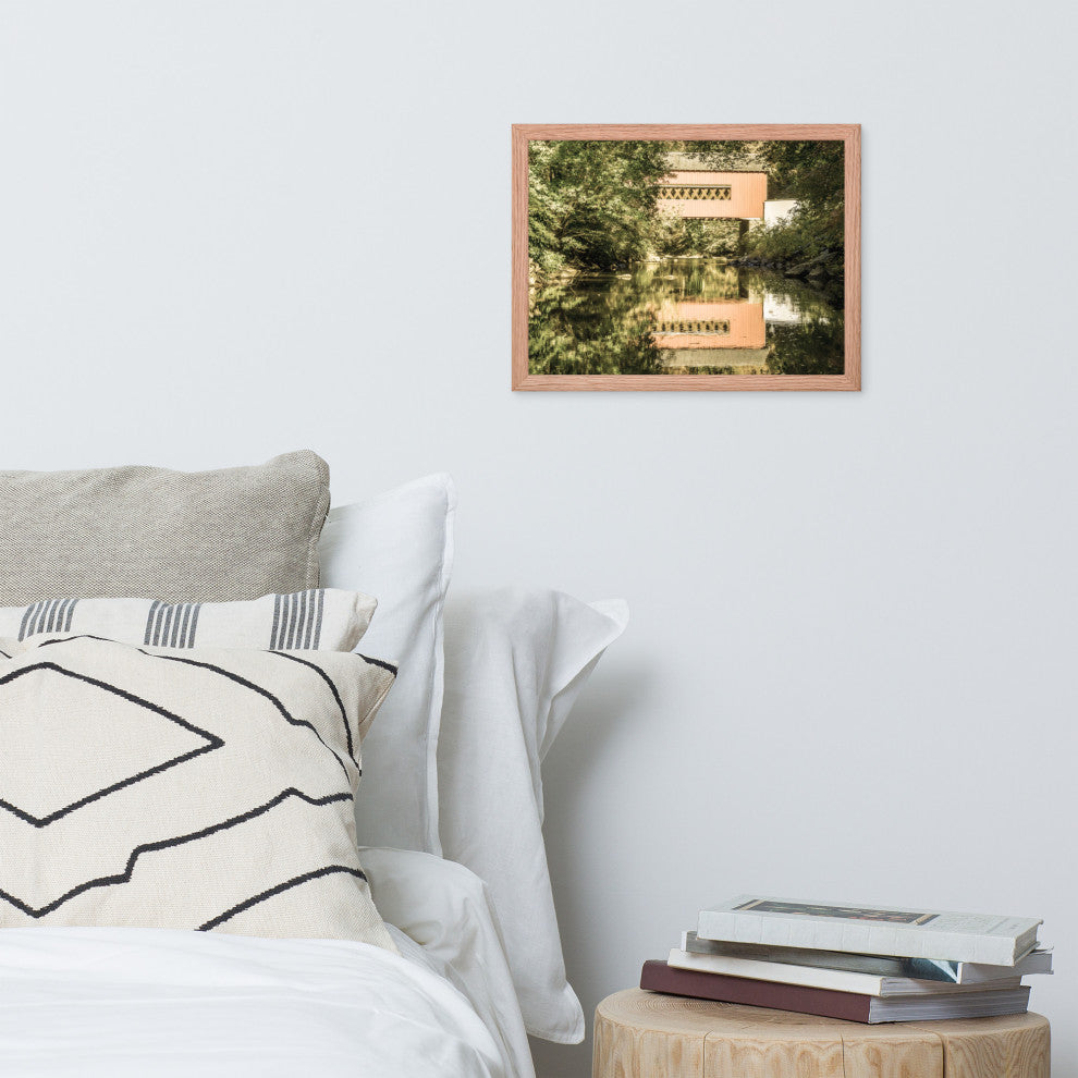 The Reflections of Wooddale Covered Bridge Aged Framed Photo Wall Art Print, Red Oak, 12" X 16"