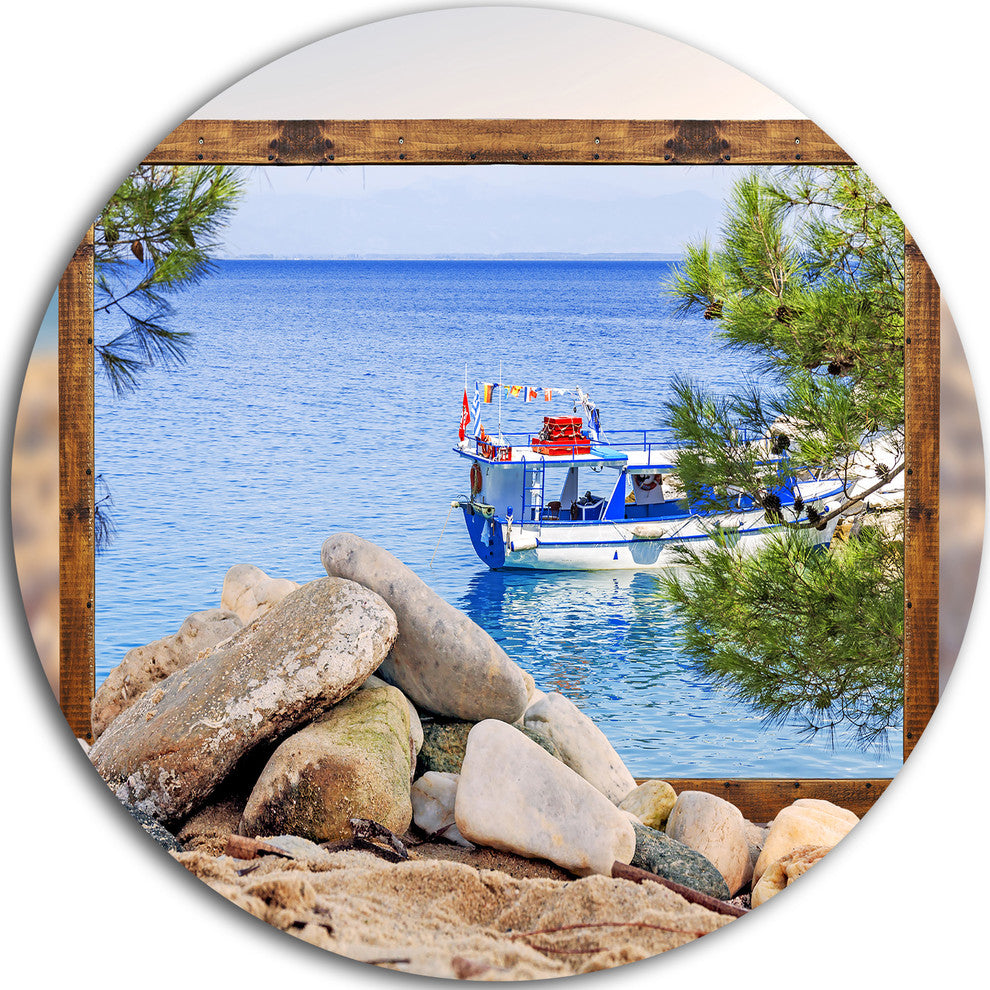 Framed Boat In Ocean, Seashore Art Large Disc Metal Wall Art, 36"