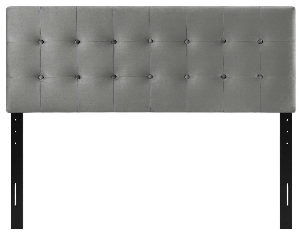 Contemporary Modern King Size Tufted Headboard, Velvet Fabric, Grey Gray