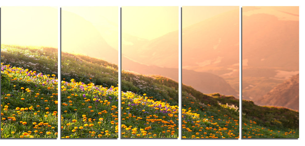 Flowering Mountain Meadow View, Landscape Canvas Art, 60"x28", 5 Panels