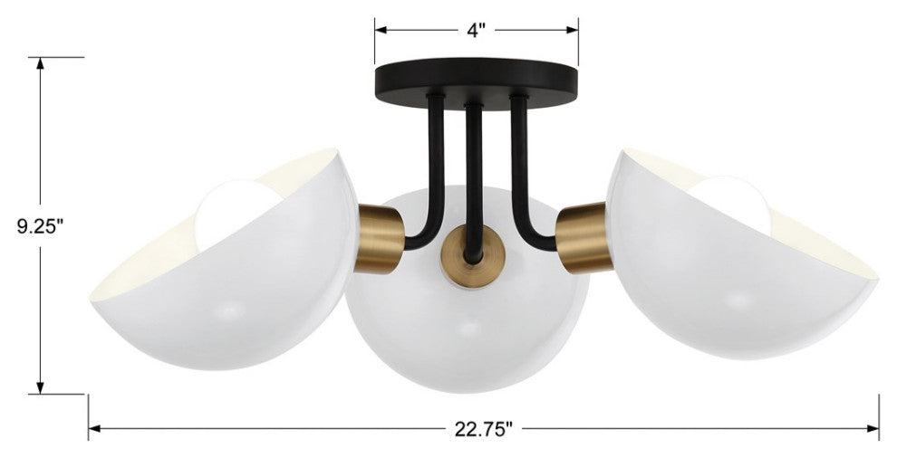Crystorama Gigi 3 Light Semi-Flush Mount GIG-810-BK-AG, Matte Black/Aged Brass