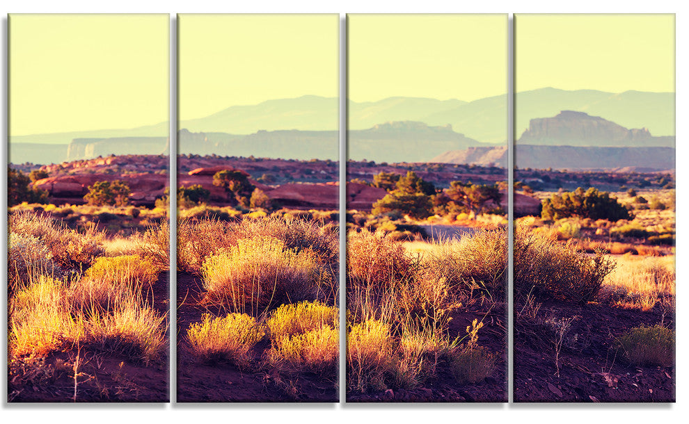 Prairie with Layers of Mountains, Landscape Canvas Art Print, 48"x28", 4 Panels