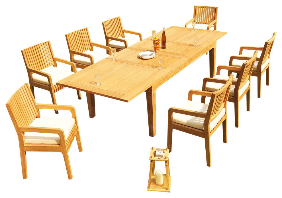 9-Piece Outdoor Teak Dining Set: 122" Ext Rectangle Table, 8 Maldives Arm Chairs