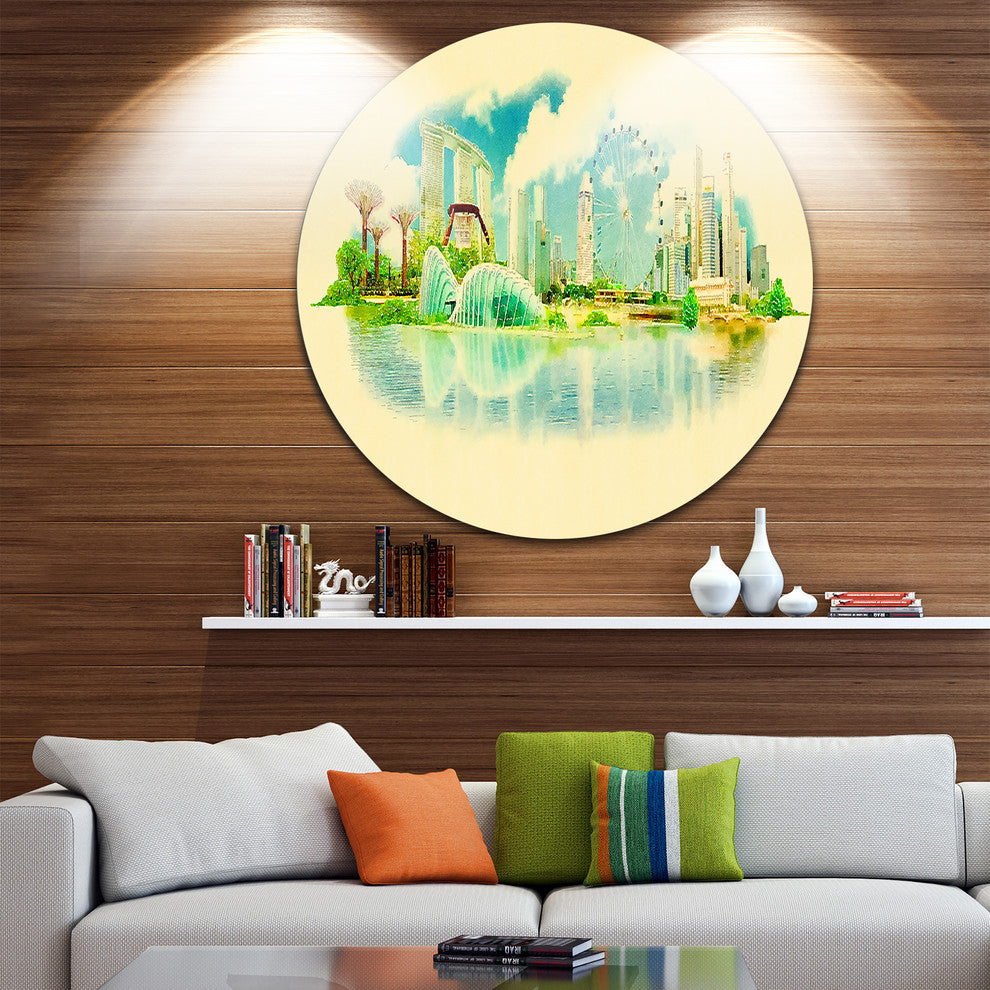 Singapore Panoramic View, Cityscape Watercolor Disc Metal Wall Art, 11"