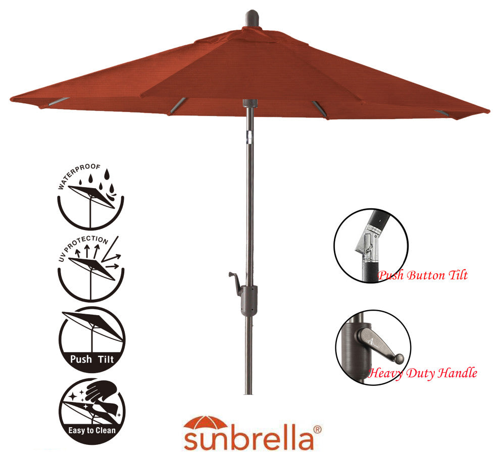 9' Round Push Tilt Market Umbrella, Antique Bronze frame, Sunbrella, Terracotta