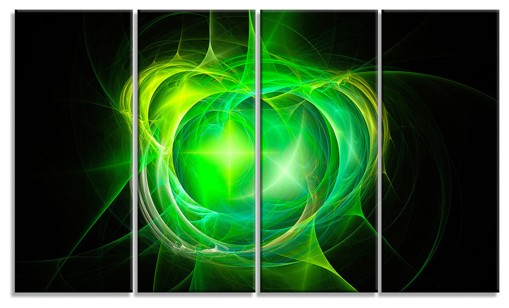Green Fractal Explosion Supernova, Abstract Canvas Art Print, 48"x28", 4 Panels
