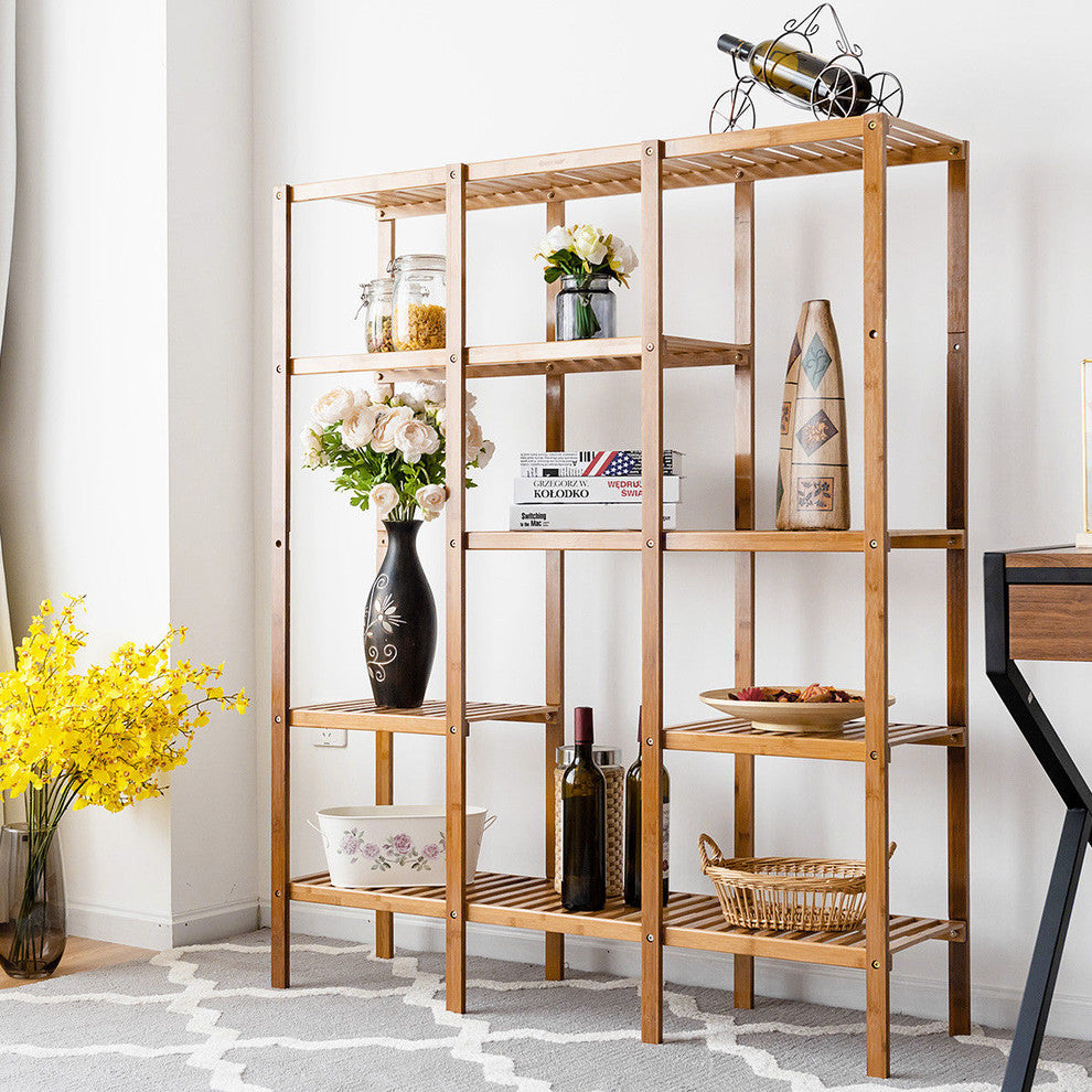 Costway Multifunctional Bamboo Shelf Organizer Rack Plant Stand Display Closet