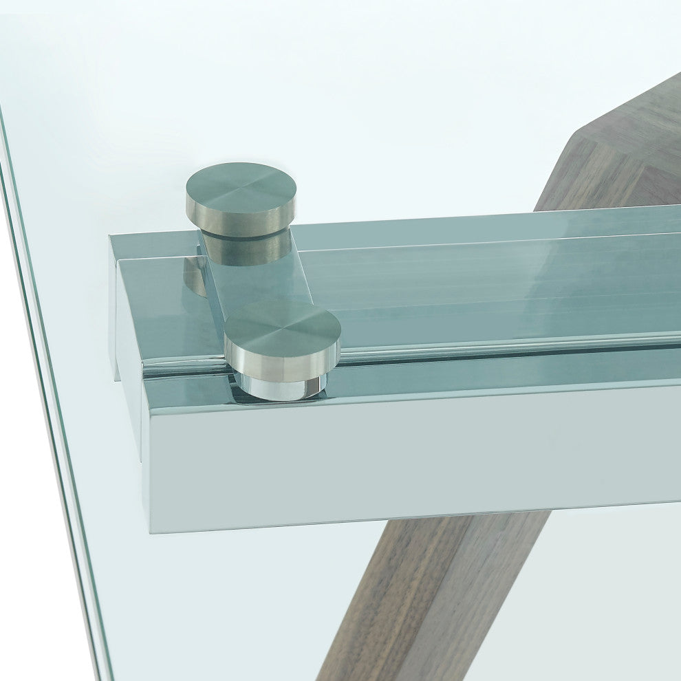 Donar Extension Table in Clear Tempered Glass Top and American Walnut Wood Base
