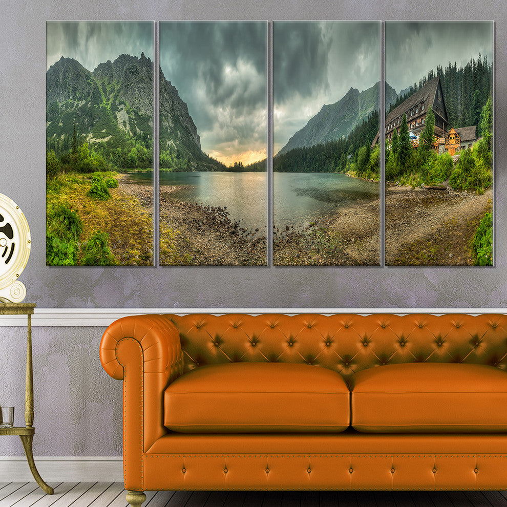 "Mountain Chalet At Sunset Panorama" Landscape Wall Art, 4 Panels, 48"x28"