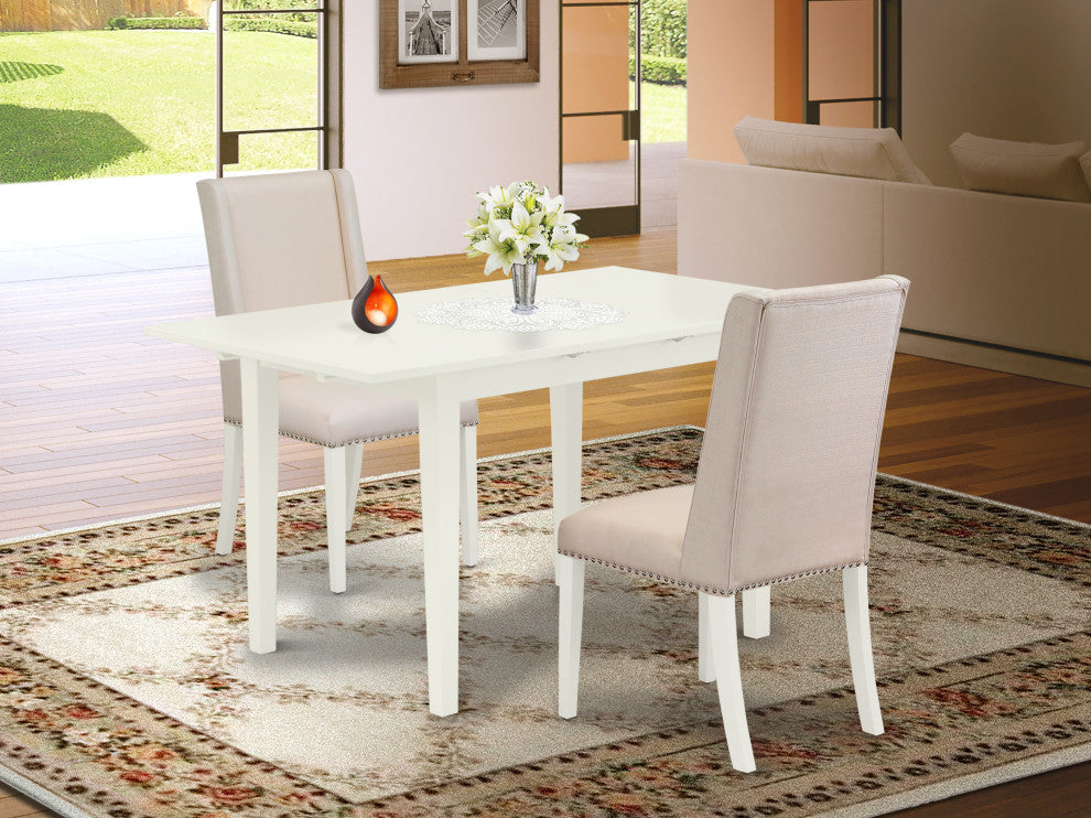 3Pc Dinette Set, Chairs, Butterfly Leaf Wood Table, Linen White