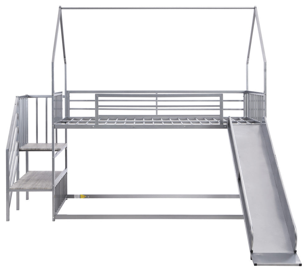 Gewnee Twin over Twin Metal Bunk Bed House Bed with Slide and Staircase