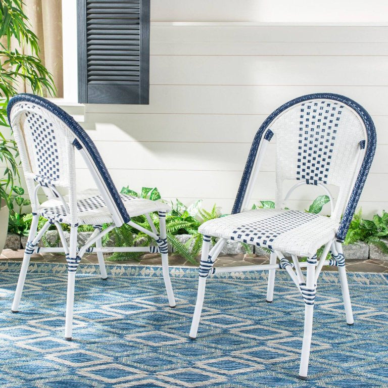Set of 2 Contemporary Dining Chair, Rattan Seat With Curved Backrest, Navy/White