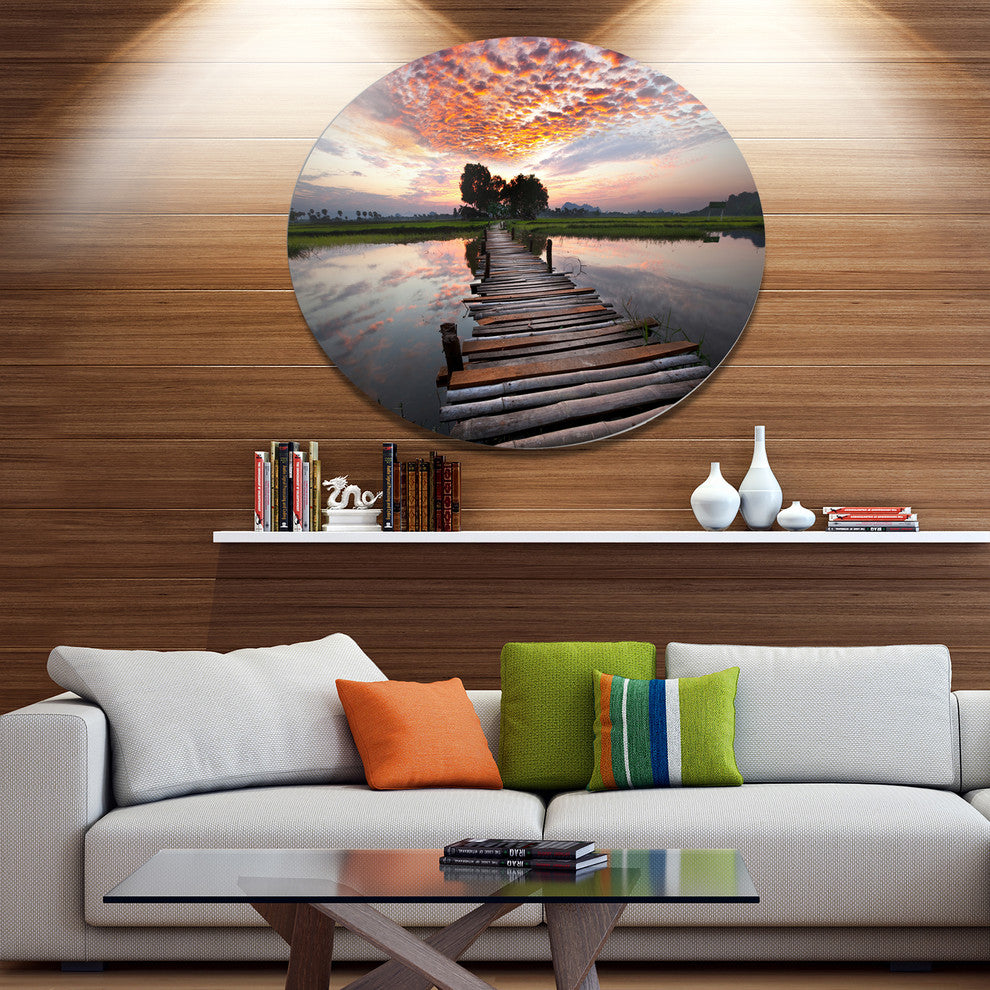 Wooden Bridge Under Dramatic Sky, Seashore Disc Metal Artwork, 36"