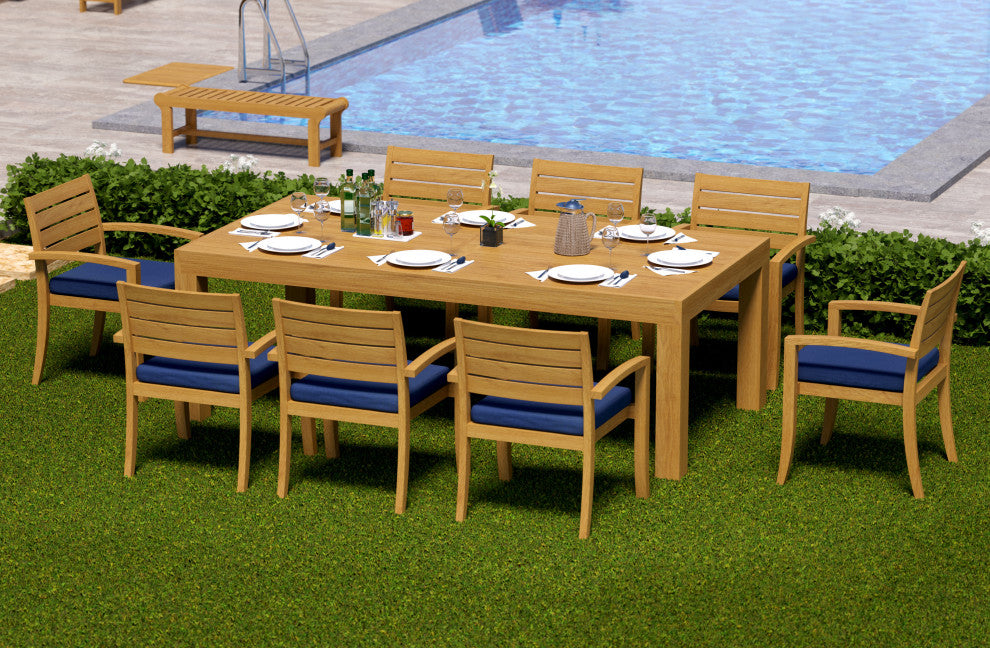 9-Piece Outdoor Teak Dining Set: 86" Rectangle Table, 8 Trav Stacking Arm Chairs