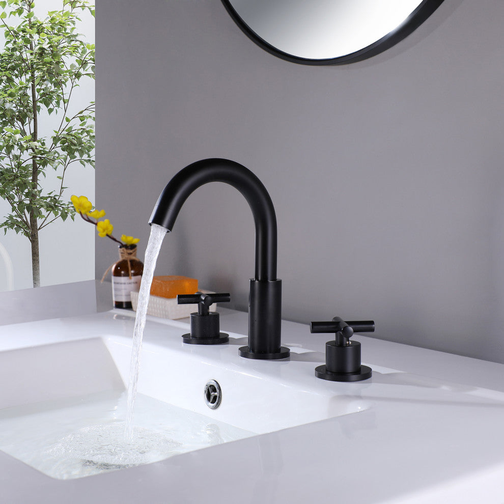 Deck Mounted Dual Handle Widespread Bathroom Faucet, Matte Black