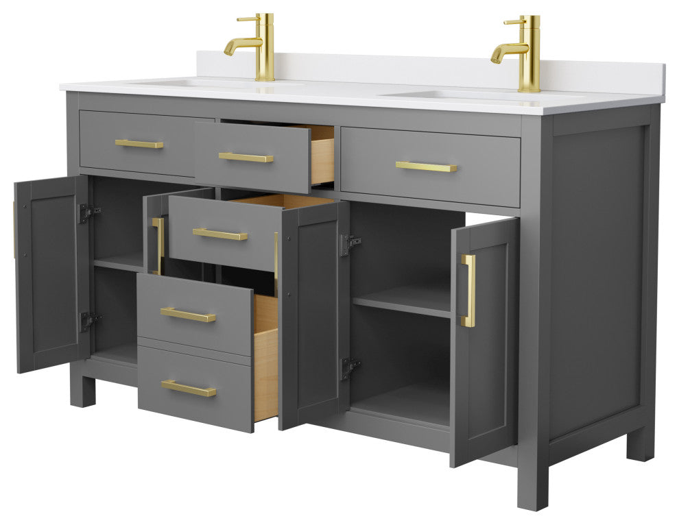 60"DBL Bath Vanity Dark Gray, White Cult.Marble Countertop, Sinks, Gold Trim