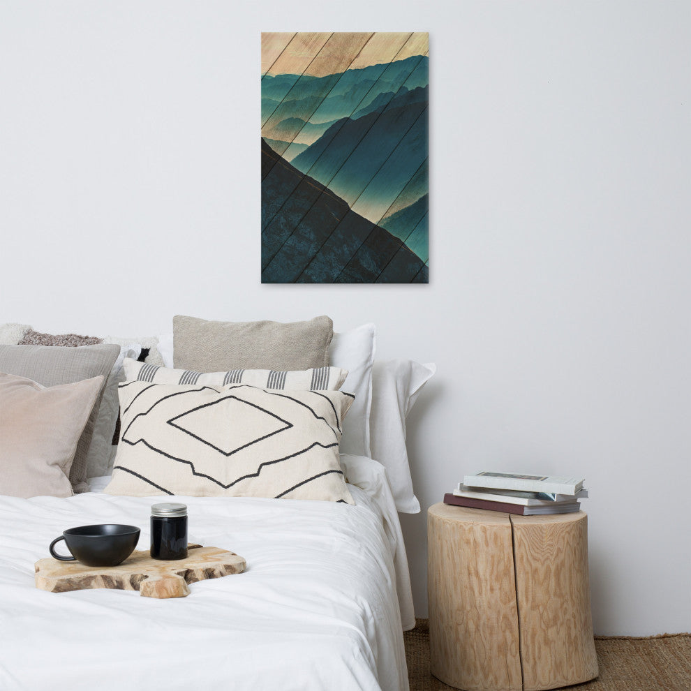 Faux Wood Misty Blue Silhouette Mountains Landscape Canvas Art Print, 24" X 36"