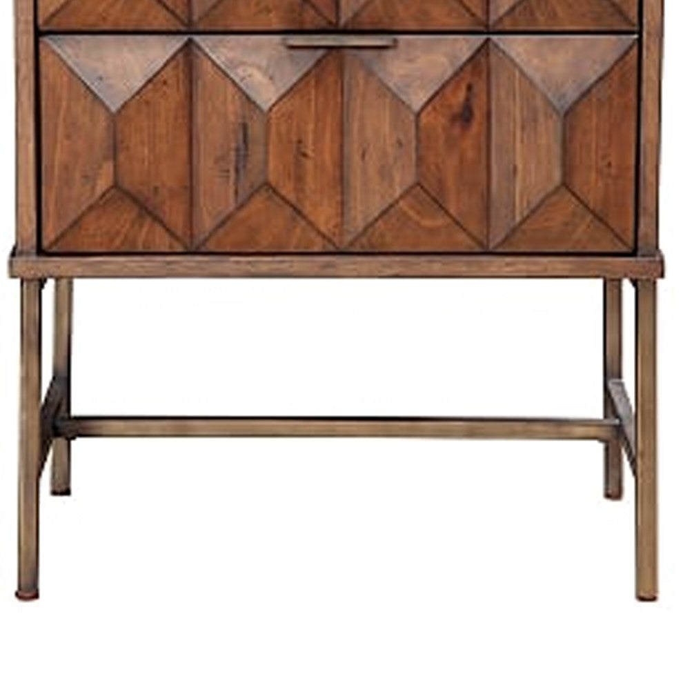 Benzara BM206680 2 Drawer Nightstand With Honeycomb Design and Metal Legs, Brown
