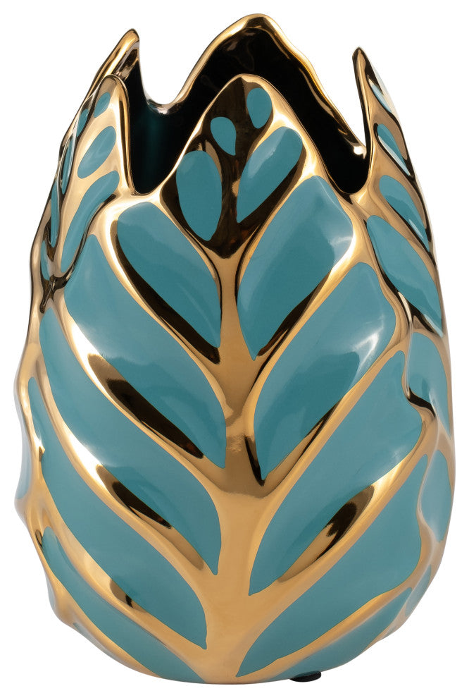 Ceramic 8"H Leaf Vase, Turquoise/Gold