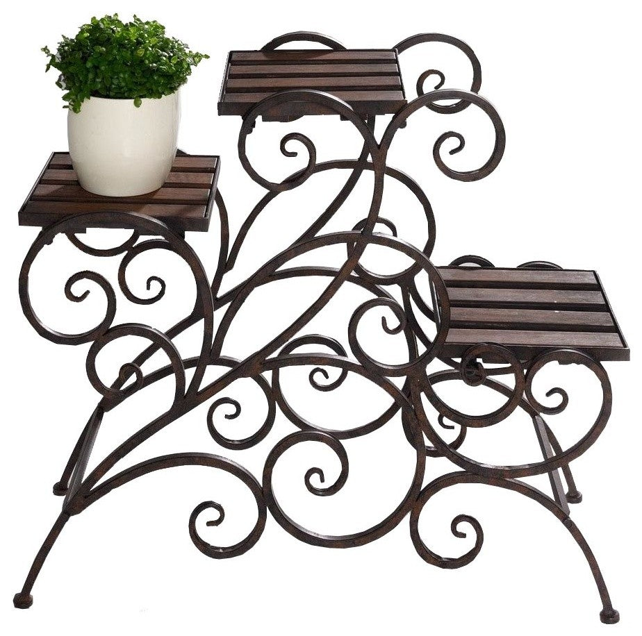 Antique Rustic Metal 3 Stairs Plant Stand Wood Trays Vine Patterns