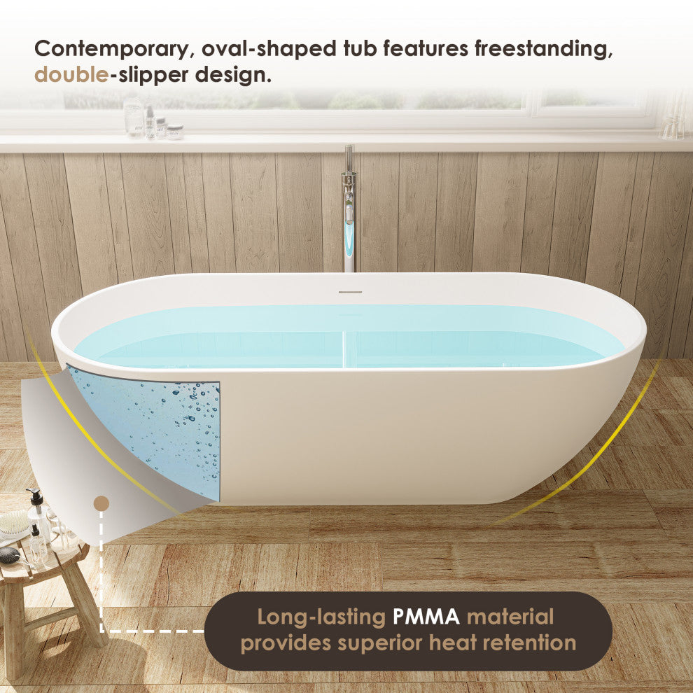 Ryder Flatbottom Freestanding Solid Surface Soaking Bathtub, Matte White, 69inch