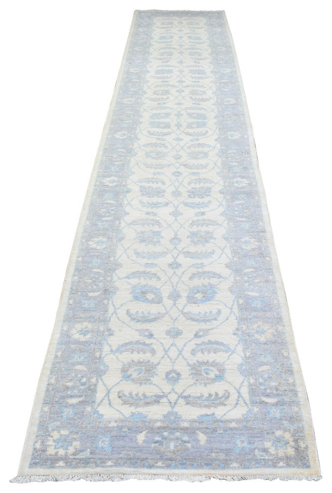Ivory, Velvety Wool Hand Knotted, White Wash Peshawar Runner Rug, 2'8"x14'4"