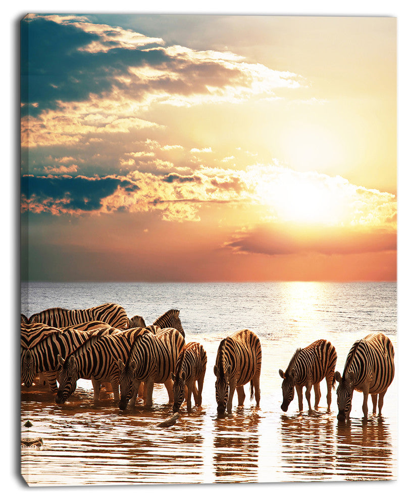 Herd of Zebras in Clear Lake, African Landscape Canvas Art Print, 12"x20"