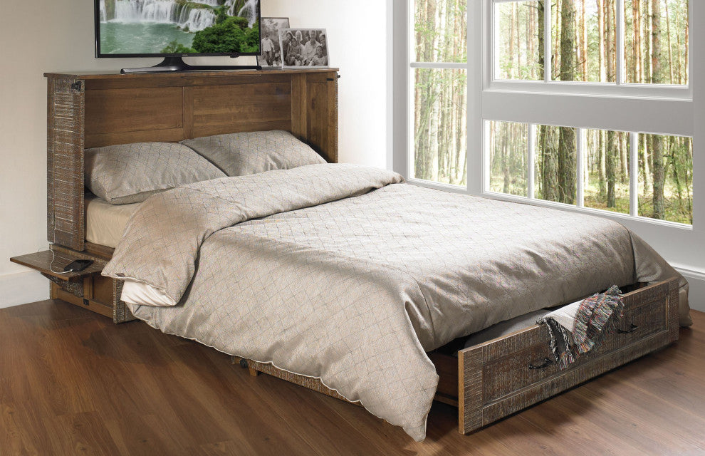 Poppy Cabinet Murphy Bed with Gel Memory Foam Mattress and USB Ports, White Bark