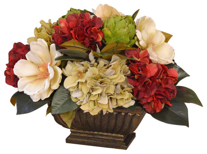Hydrangea and Magnolia Centerpiece with Artichokes