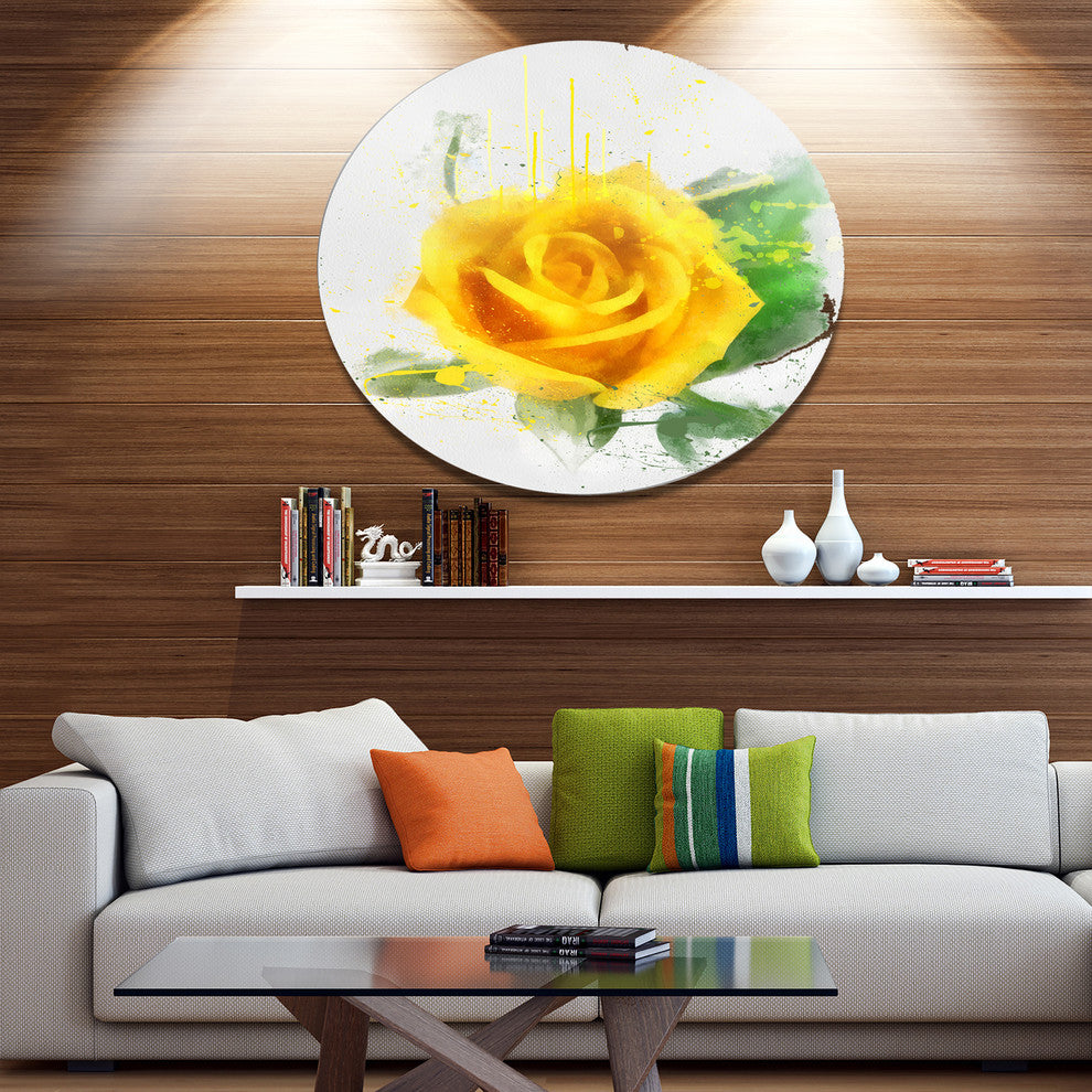 Yellow Rose With Green Leaves Sketch, Modern Floral Round Wall Art, 11"