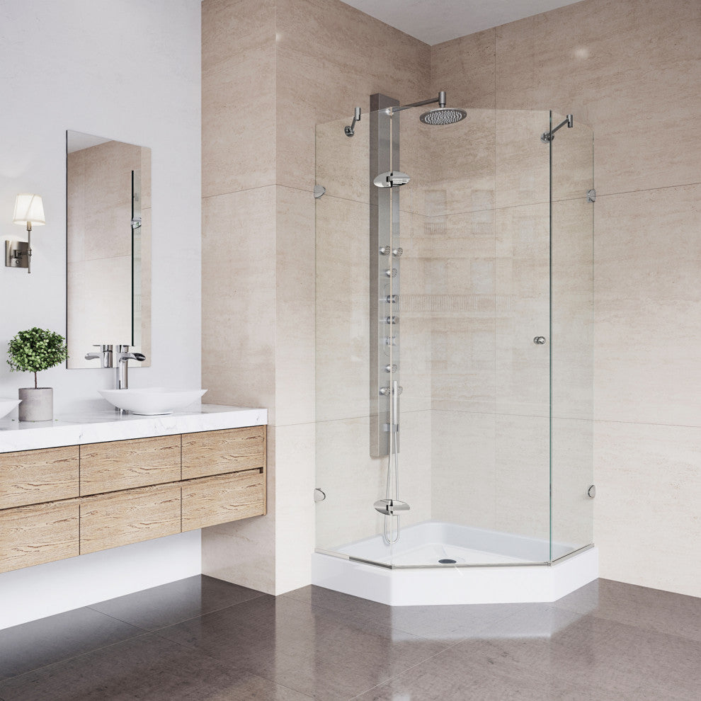 VIGO Verona Frameless Hinged Neo-Angle Shower Enclosure, Brushed Nickel, 40" D X 40" W, High Base