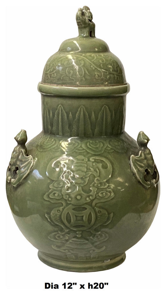 Chinese Ancient style Celadon Ceremonial Vase Jar with Bats Motif Hws1635