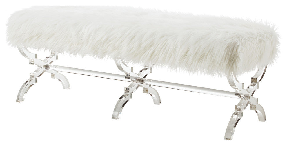 Enzo Faux Fur Acrylic X-Leg Bench, Cream White
