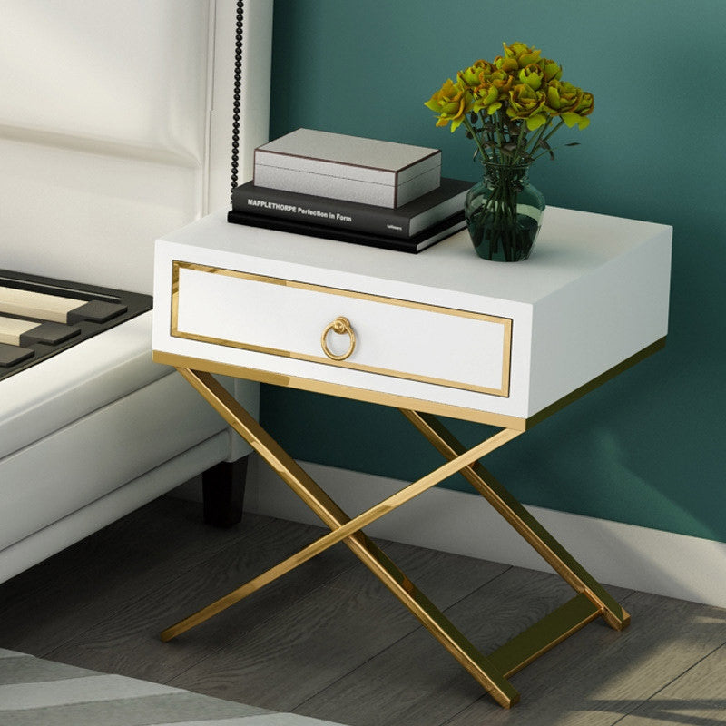 White Nightstand with Drawer Bedside Table with X-Shaped Stainless Steel Base, White