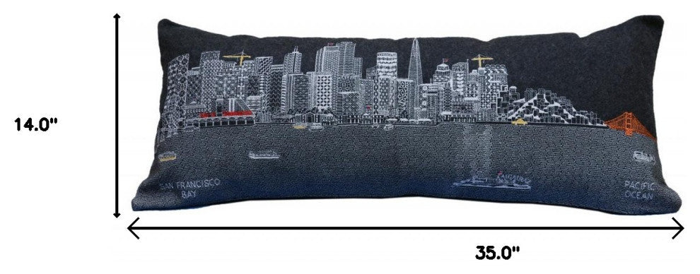 35" Black San Francisco Nighttime Skyline Lumbar Decorative Pillow